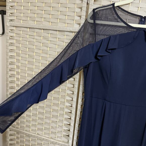 R&M Richards Ruffled Illusion Formal Jumpsuit Size 14P Petite Navy Mesh Sleeve - Picture 6 of 12